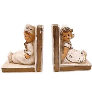 Bookend Set Dutch Boy & Girl Sitting on Books Ceramic Chalkware Nursery Children